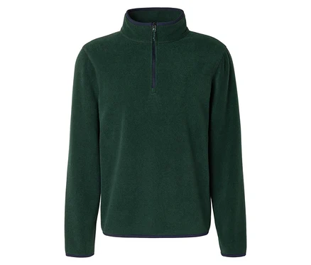 Dunkelgrüner Fleecepullover mit kurzem Reißverschluss und Stehkragen.