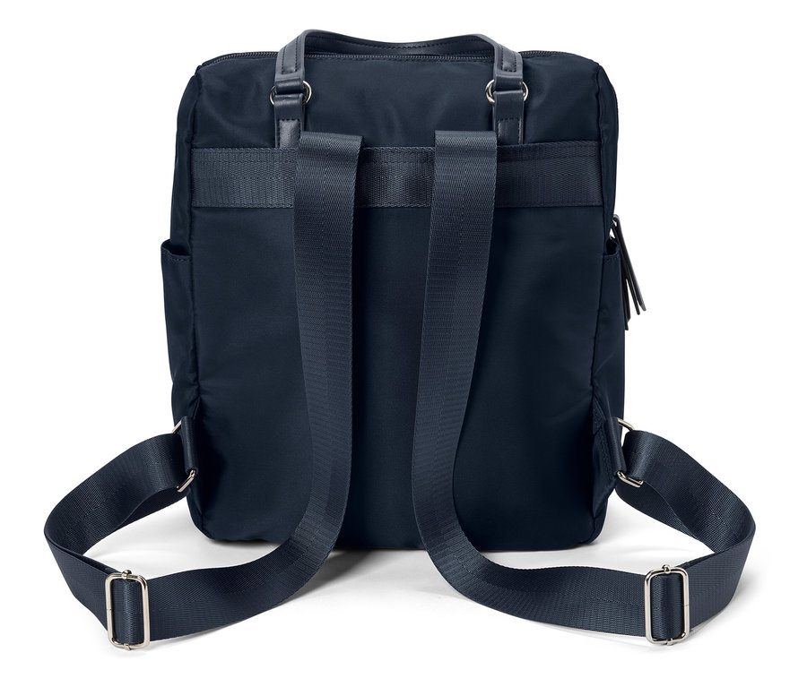 Ein dunkelblauer Rucksack, von hinten gesehen, mit zwei verstellbaren Schultergurten, einem oberen Griff und Seitentaschen.