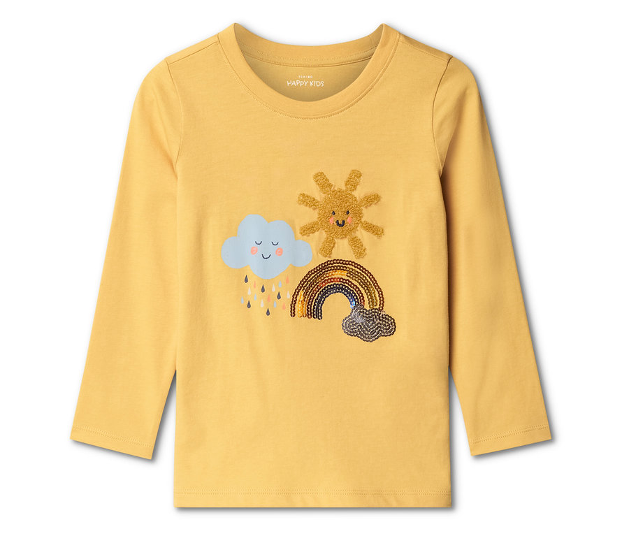 Gelbes Langarmshirt mit Wolke, Sonne und Regenbogen Applikation.