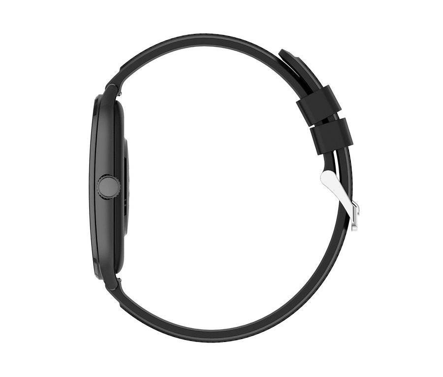 Schwarze Smartwatch von der Seite, mit rundem Zifferblatt, schwarzem Silikonarmband, silberner Schnalle und zwei Schlaufen.