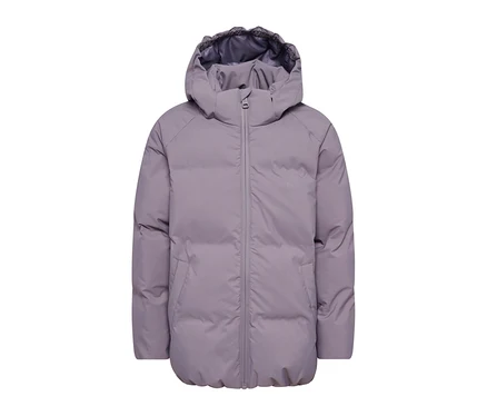 Mauvefarbene hummel® »HMLJR All Weather Puffer Jacket« mit Kapuze, Reißverschluss und Taschen.