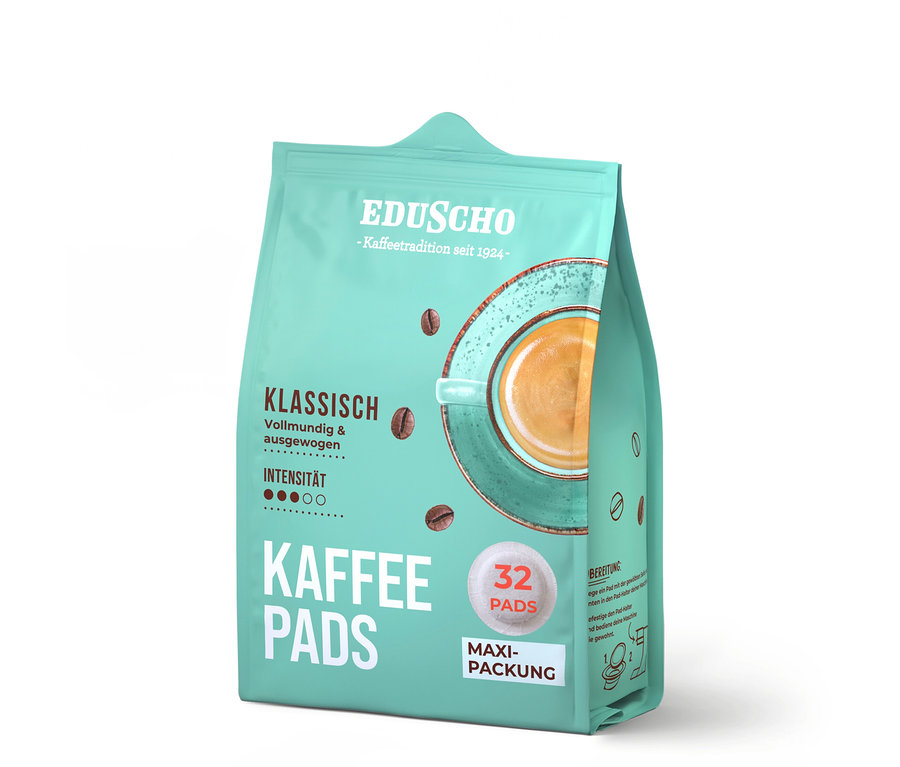 Eine Packung Eduscho Kaffeepads Klassisch mit einer Abbildung einer Tasse Kaffee.