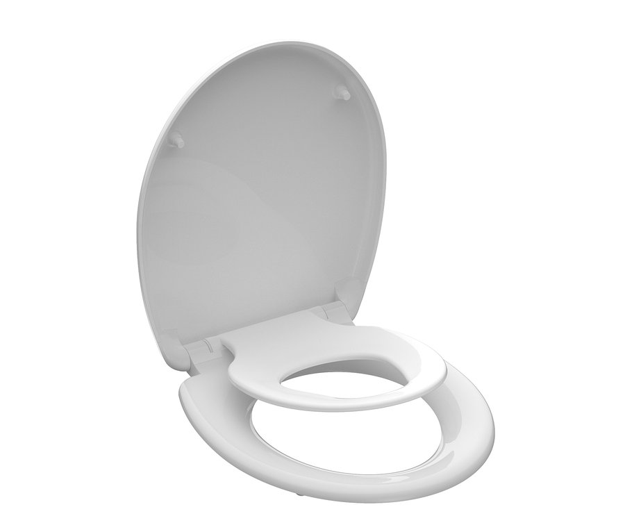 Weißer Duroplast WC-Sitz »FAMILY« mit integriertem Kindersitz; der Deckel ist geöffnet und der Kindersitz ist auf den Hauptsitz heruntergeklappt.