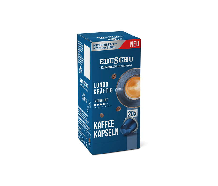 Eine Packung Eduscho Lungo Kräftig Kaffeekapseln.