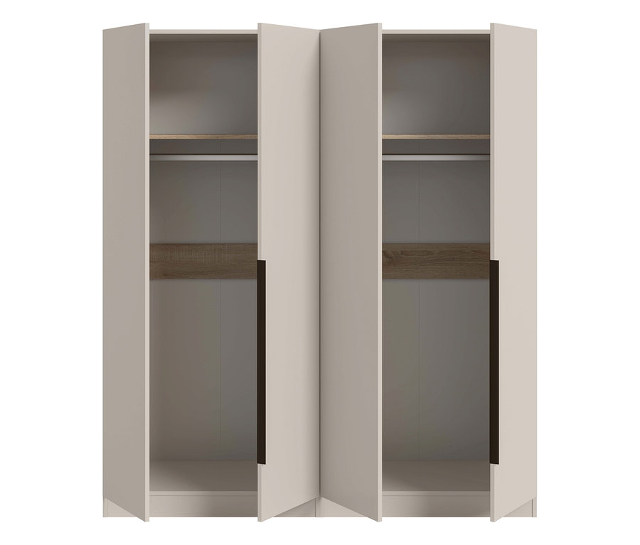 4-türiger xonox Kleiderschrank "Nordic" in hellem Beige mit dunklen Griffen, dessen zwei mittlere Türen leicht geöffnet sind und Einlegeböden sowie Kleiderstangen im Inneren zeigen.