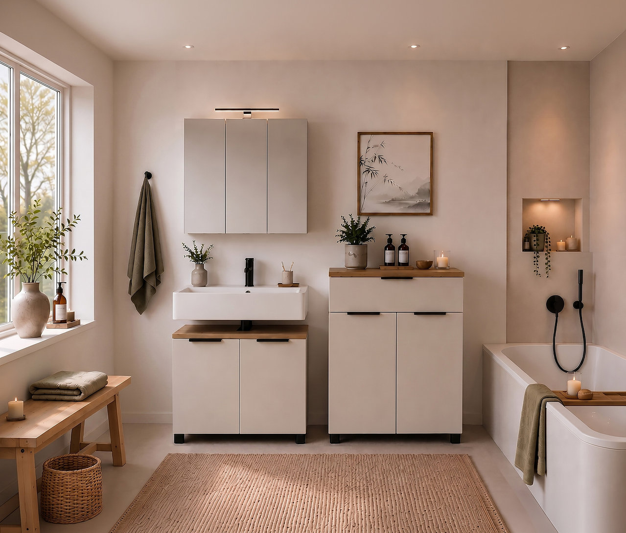 Modernes Badezimmer mit hellem Waschbeckenunterschrank »Saga«, passendem Hochschrank, weißem Waschbecken, Spiegelschrank und Badewanne.