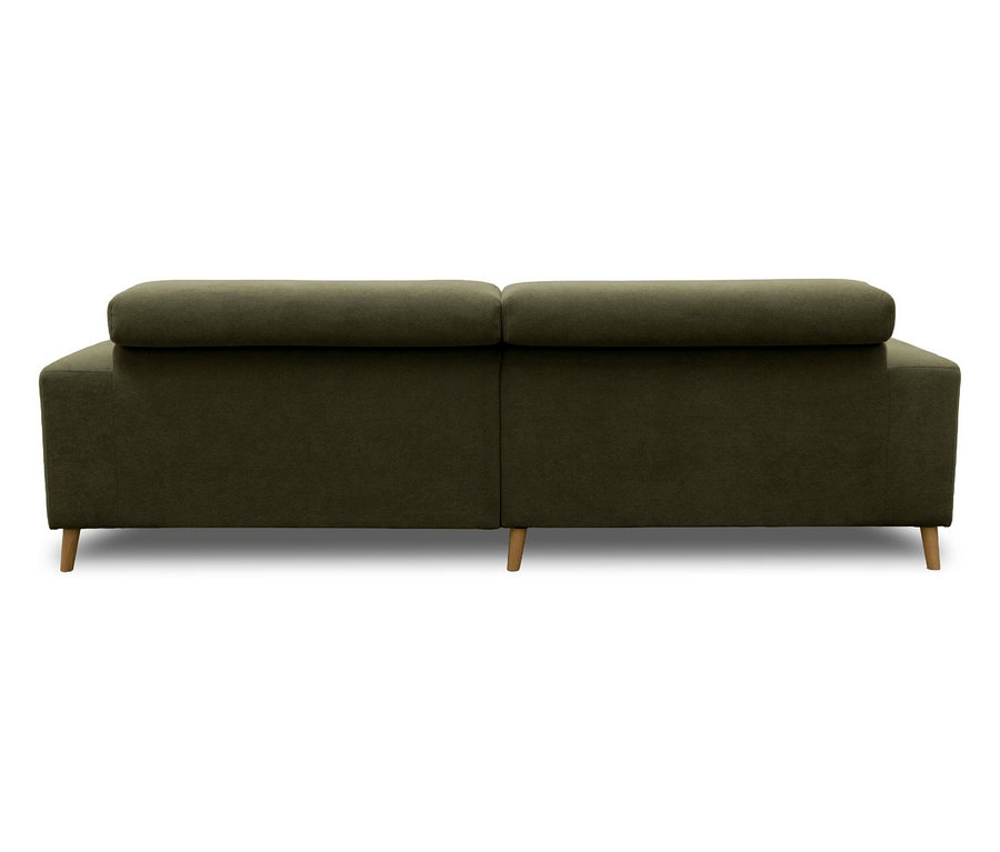 Rückansicht eines dunkelgrünen Stoffsofas mit zwei Rückenkissen und vier hellen Holzbeinen.