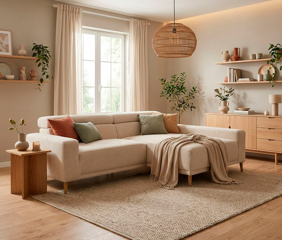 Ein gemütliches Wohnzimmer mit einem beigen L-förmigen Sofa, das mit orangefarbenen und grünen Kissen sowie einer beigen Decke dekoriert ist. Ein großer beiger Teppich liegt auf dem Holzboden. Links steht ein kleiner Holztisch mit einer Vase und einer Kerze. Rechts befinden sich ein Holzschrank und Regale mit Pflanzen und Dekorationen. Ein großer Rattan-Kronleuchter hängt von der Decke.
