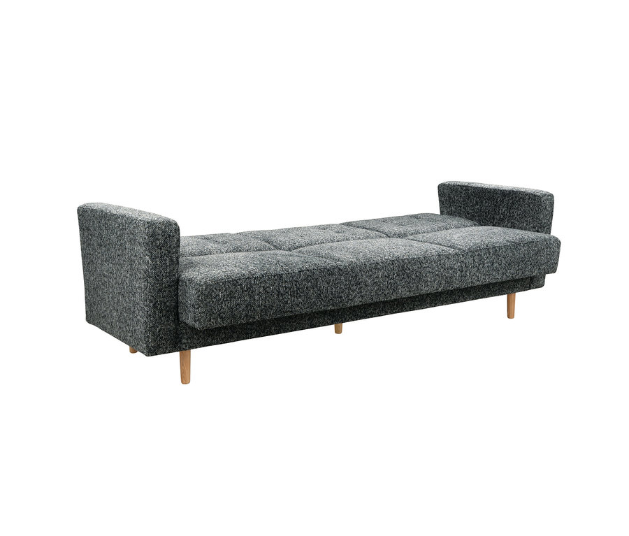Anthrazitfarbenes 3-Sitzer Schlafsofa „Janny“ mit strukturierter Oberfläche, flach ausgeklappt und hellen Holzbeinen.