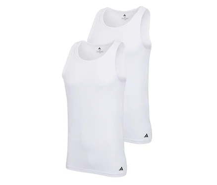 Zwei weiße adidas Active Flex Tanktops, eines leicht vor dem anderen positioniert. Beide haben einen Rundhalsausschnitt, breite Träger und ein kleines schwarzes adidas Logo am unteren Saum.