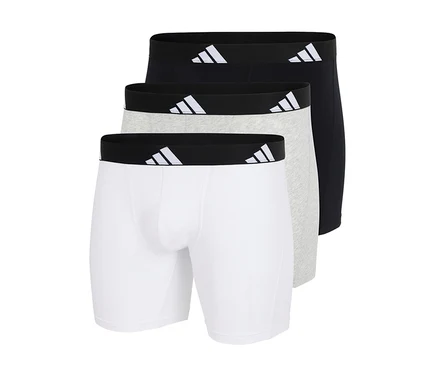 Drei adidas Active Flex Cotton Slipboxer in Weiß, Grau und Schwarz, mit schwarzem Bund und weißem adidas Logo.