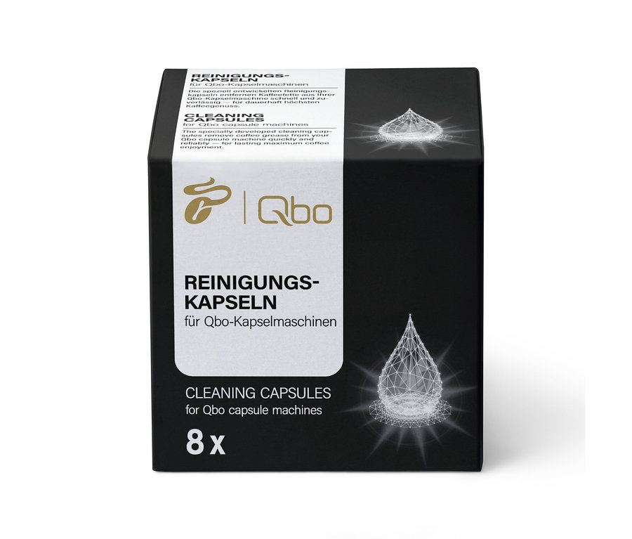 Schwarze Packung Qbo Reinigungskapseln für Kaffeemaschinen.