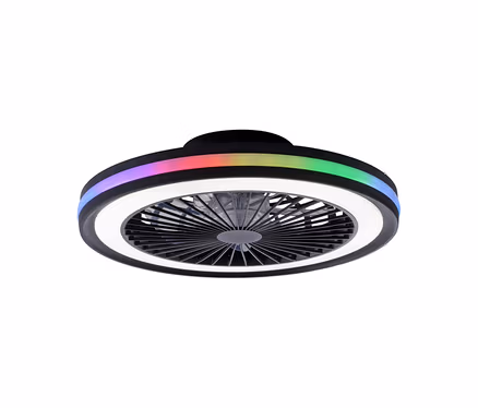 Schwarzer runder Deckenventilator mit integriertem Licht, mit einem inneren weißen LED-Ring und einem äußeren RGB-LED-Ring in Regenbogenfarben.