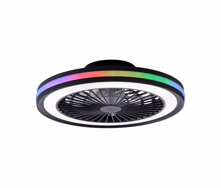 Schwarzer runder Deckenventilator mit integriertem Licht, mit einem inneren weißen LED-Ring und einem äußeren RGB-LED-Ring in Regenbogenfarben.