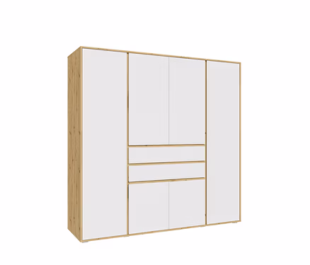 Großer Kleiderschrank mit hellbraunem Holzrahmen und weißen Türen und Schubladen. Er hat zwei hohe Türen an den Seiten und in der Mitte zwei Türen oben, drei Schubladen und zwei Türen unten.