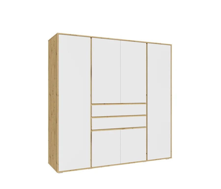 Großer Kleiderschrank mit hellbraunem Holzrahmen und weißen Türen und Schubladen. Er hat zwei hohe Türen an den Seiten und in der Mitte zwei Türen oben, drei Schubladen und zwei Türen unten.