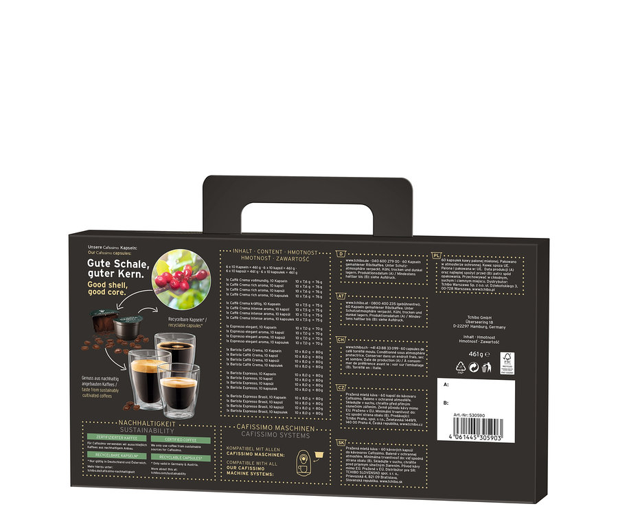 Packung mit 60 Cafissimo Favourite Collection Kapseln gemahlener Röstkaffee, unter Schutzatmosphäre verpackt.