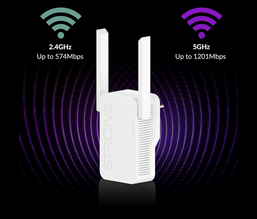 Weißer Strong Wi-Fi 6 Repeater AX 1800 mit zwei Antennen auf schwarzem Hintergrund.