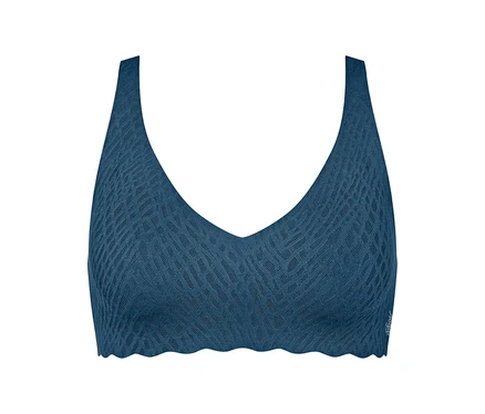 Dunkelblauer Bralette mit V-Ausschnitt, breiten Trägern und einem dezenten geometrischen Muster. Der untere Rand ist gewellt.