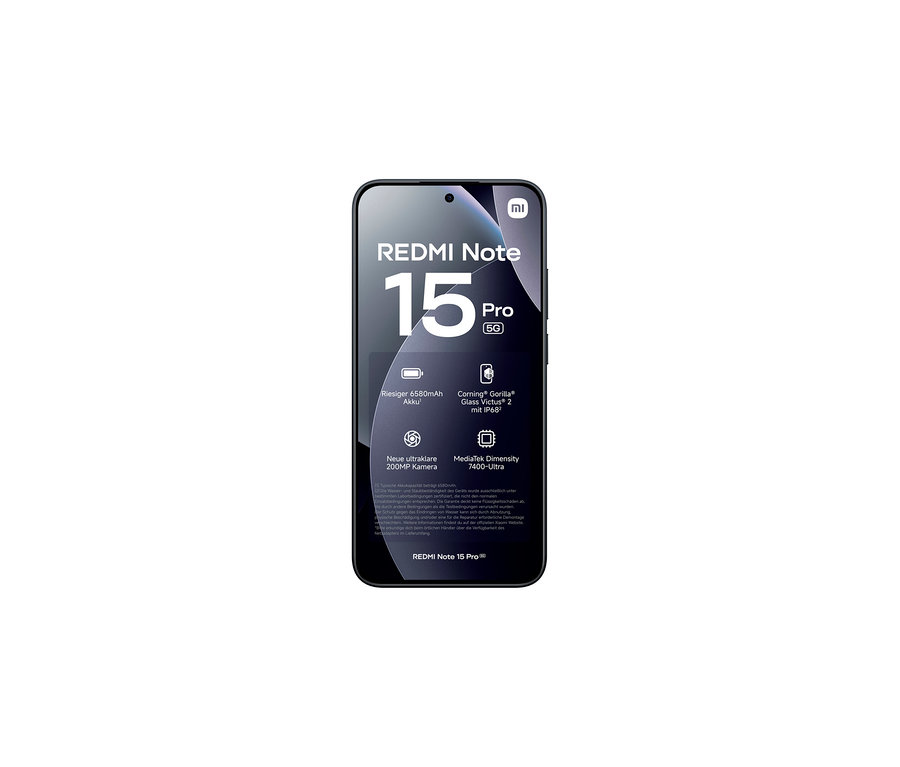 Schwarzes Xiaomi Redmi Note 15 Pro 5G Smartphone mit Bildschirm, der Modellname, 6580mAh Akku und 200MP Kamera zeigt.