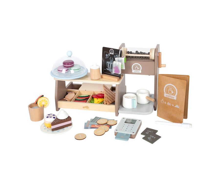 Ein hölzernes small foot Barista-Set, bestehend aus einem Spielzeug-Café-Tresen mit Macarons, Gebäck, einer Kaffeemaschine, zwei Tassen, einem Kartenleser, Münzen und einer Speisekarte.