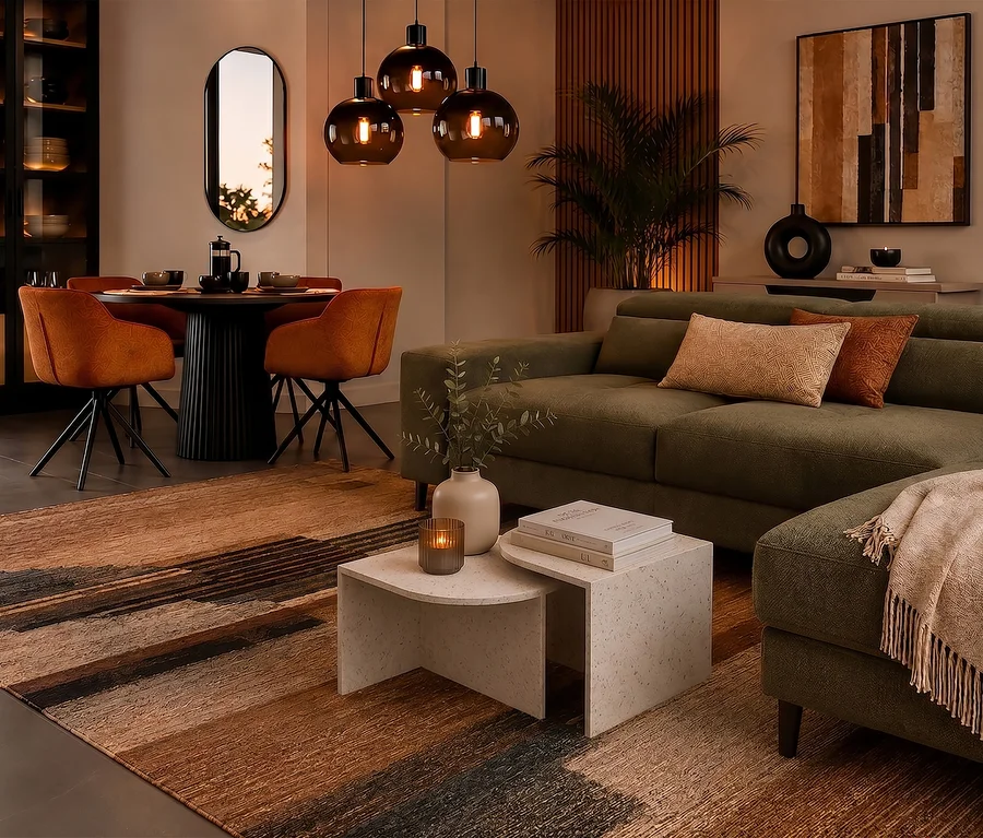 Modernes Wohn- und Esszimmer mit olivgrünem Ecksofa, schwarzem Esstisch und orangefarbenen Stühlen. Über dem Tisch hängen drei dunkle Pendelleuchten, und ein gemusterter Teppich bedeckt den Boden.