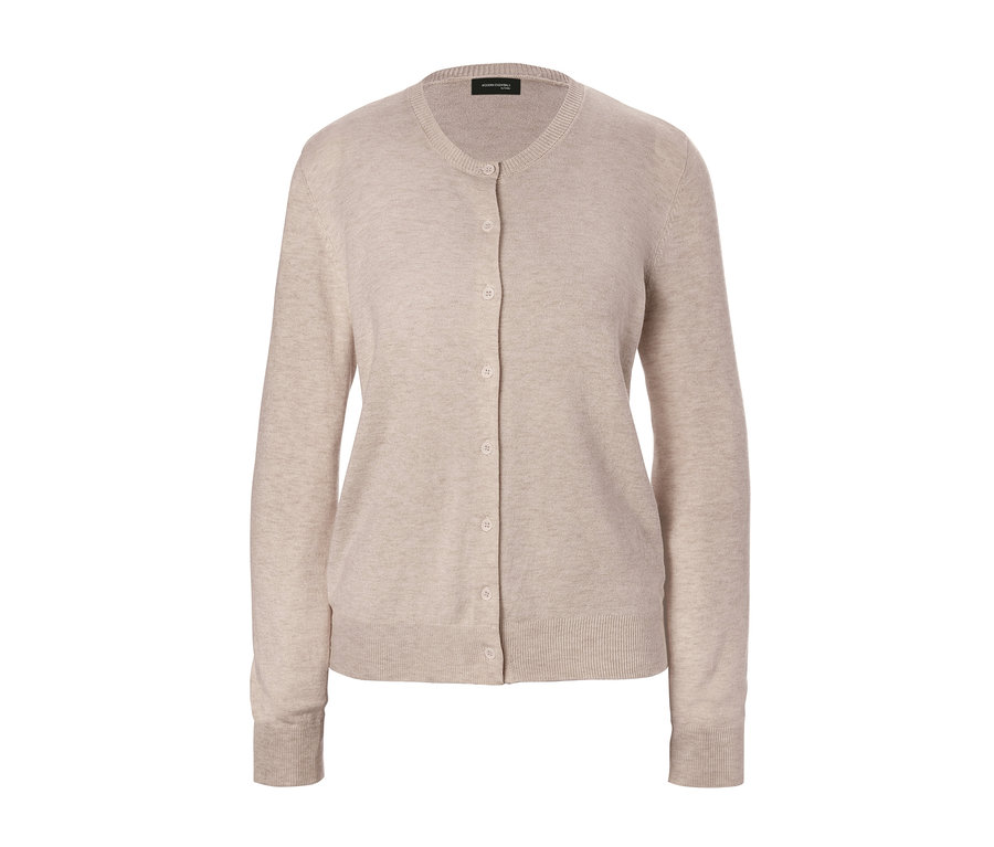 Beige Feinstrickjacke mit Knöpfen.