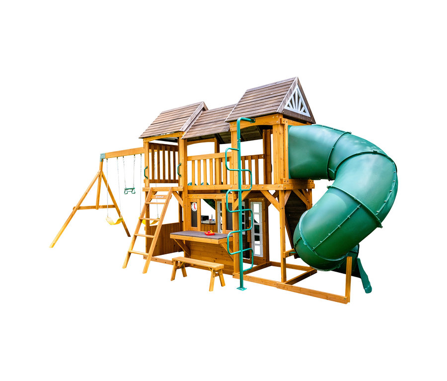 Holz-Spielturm »Bolzo« mit Rutsche, Schaukel und Klettergerüst.