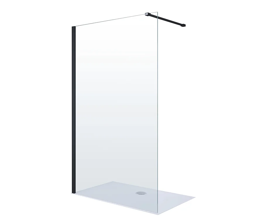 Eine transparente Breuer®-Duschwand »Panorama Walk-IN« steht auf einem weißen Boden.