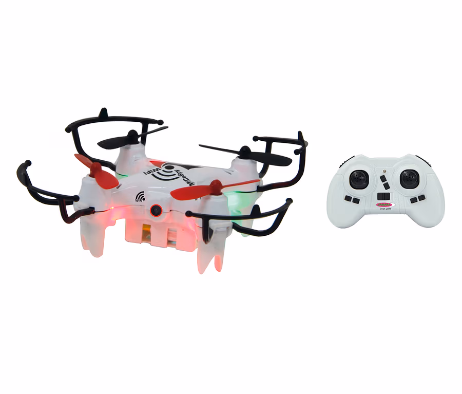 Weißer JAMARA MiCoSpy-Quadrocopter mit WiFi®-Kamera und Fernbedienung auf weißem Hintergrund.