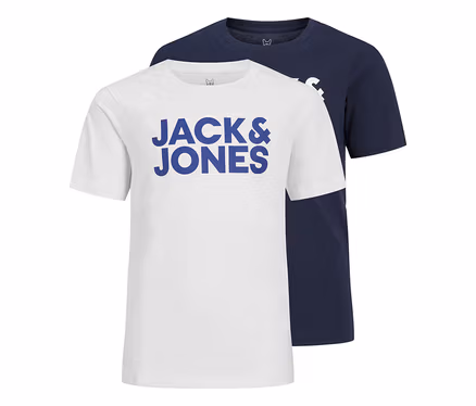 Zwei Jack&Jones Corp Logo T-Shirts, eines weiß mit blauem Logo und eines marineblau, übereinanderliegend.