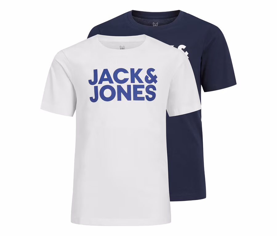Zwei Jack&Jones Corp Logo T-Shirts, eines weiß mit blauem Logo und eines marineblau, übereinanderliegend.