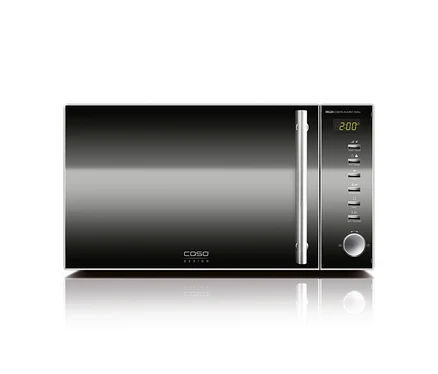 Schwarze Caso MG 20 Ceramic menu Mikrowelle mit silbernem Griff und digitaler Anzeige, die 2:00 anzeigt.