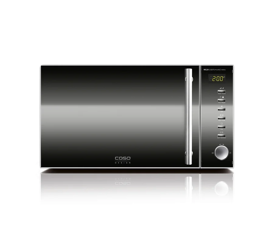Schwarze Caso MG 20 Ceramic menu Mikrowelle mit silbernem Griff und digitaler Anzeige, die 2:00 anzeigt.