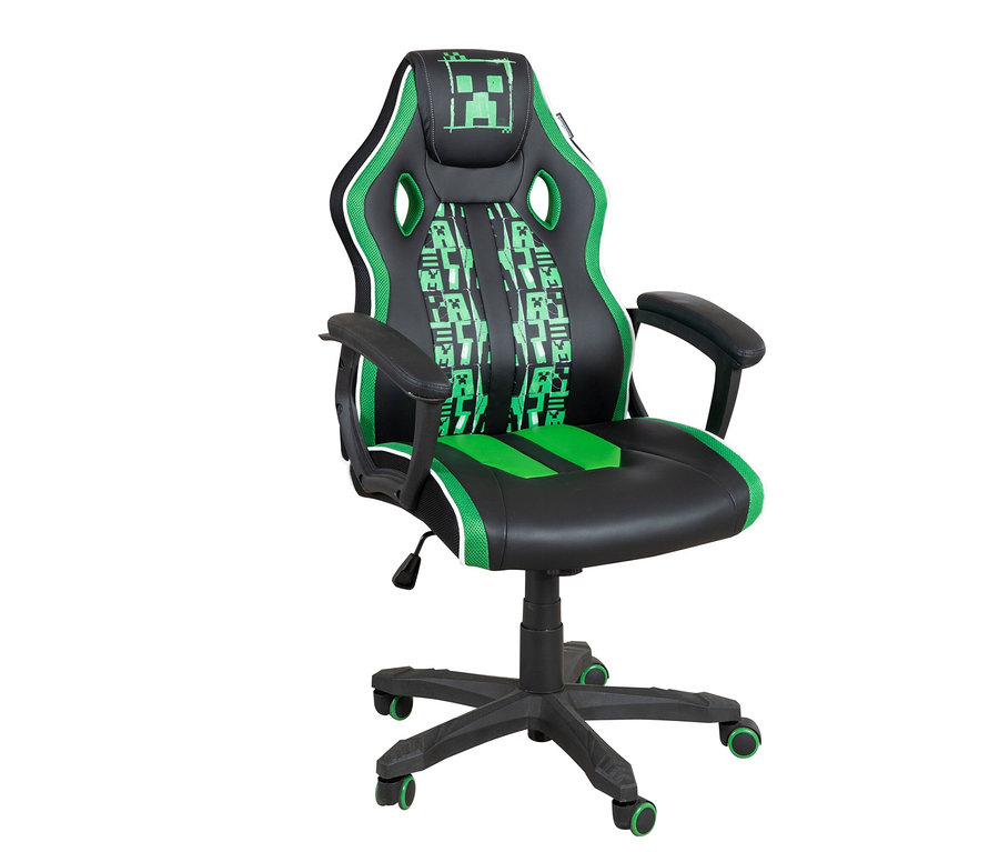Schwarzer und grüner Gaming-Stuhl mit Pixelmuster.