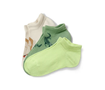Drei Paar Kinder-Sneakersocken mit Tiermotiven.