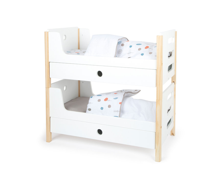 Ein Stockbett für Puppen, small foot Little Button, mit weißem Rahmen und Holzbeinen.
