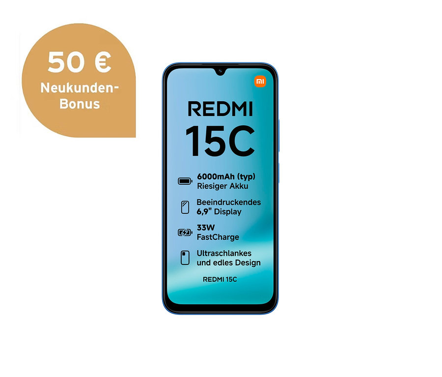 Blaues Xiaomi Redmi 15C Smartphone in Moonlight Blue, das seine Funktionen wie 6000mAh Akku und 6,9-Zoll-Display anzeigt, daneben eine goldbraune Sprechblase mit "50 € Neukunden-Bonus".