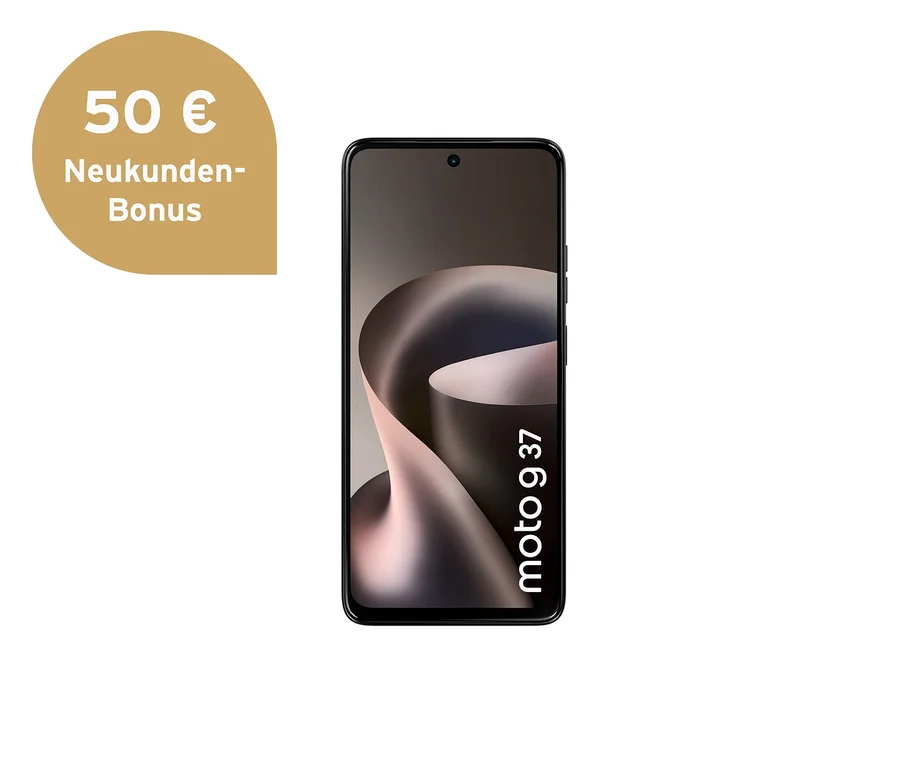 Schwarzes Motorola moto g37 Smartphone mit dunklem, abstraktem Hintergrundbild und einem goldenen Neukunden-Bonus-Tag von 50 €.