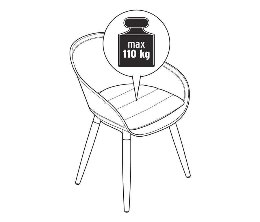 Zeichnung eines Schalenstuhls und Garten-Schalenstuhls mit einer maximalen Tragkraft von 110 kg.