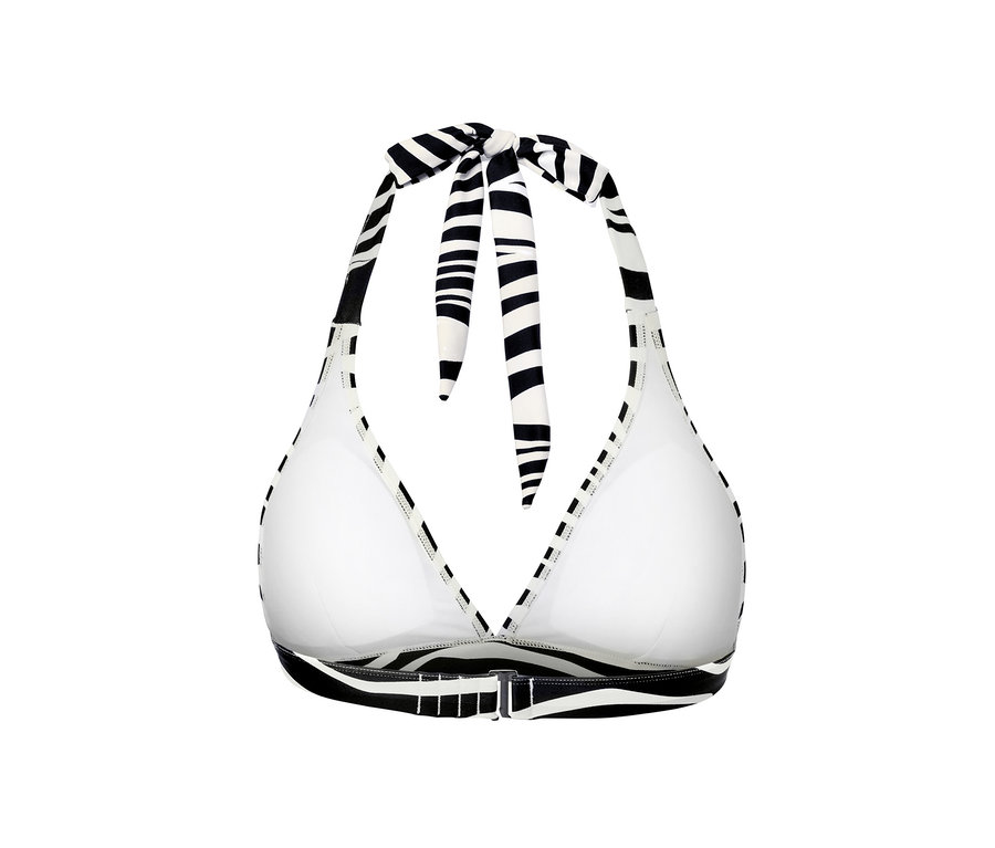 Detailansicht eines Neckholder-Bikinitops mit Zebramuster.