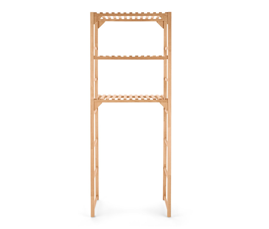 Ein Massivholz-Waschmaschinenregal mit drei Ablageflächen.