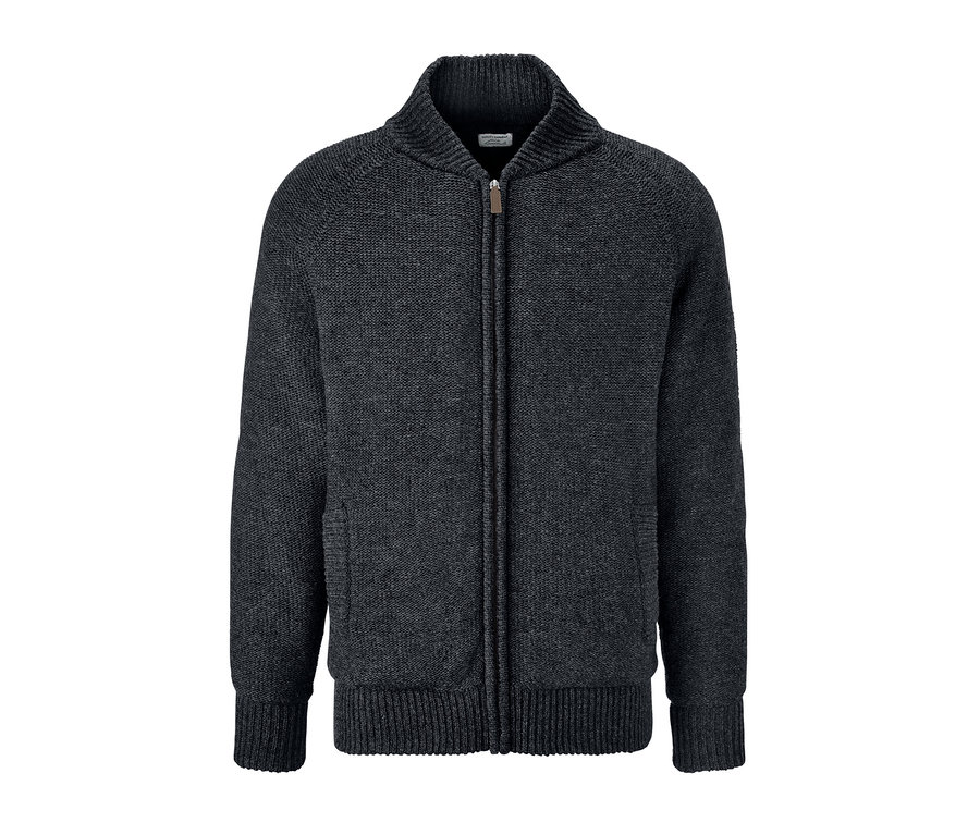 Eine gefütterte, dunkelgraue Strickjacke mit Reißverschluss.