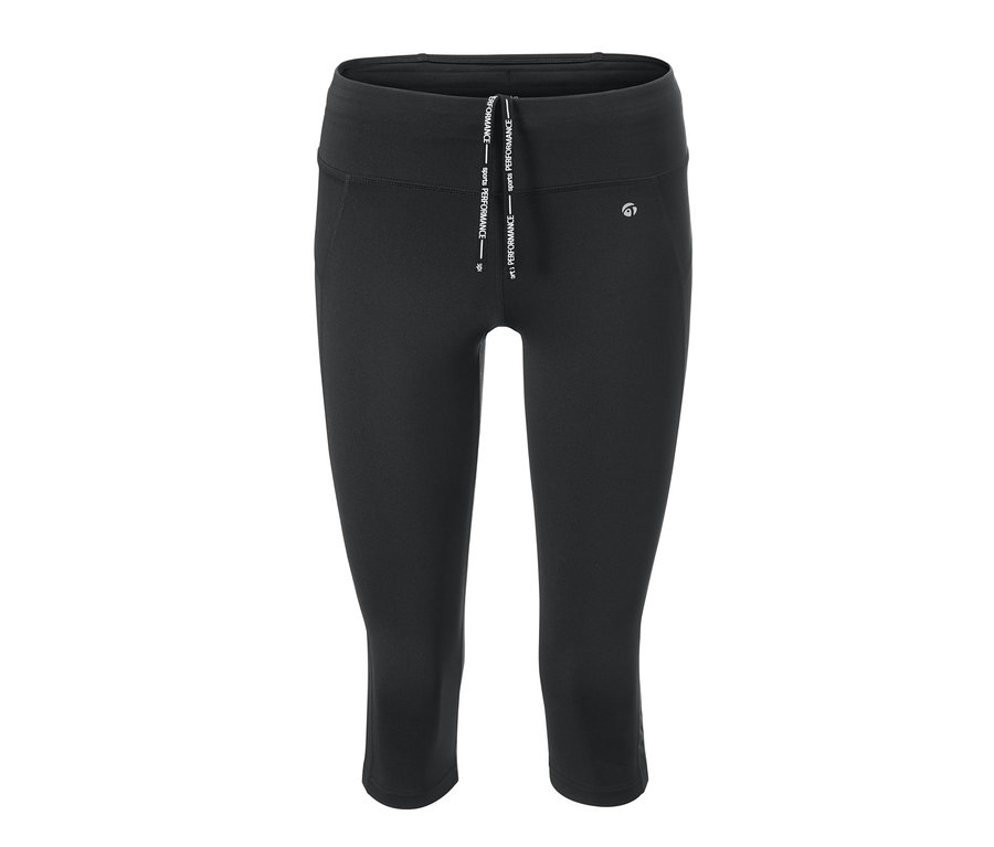 Eine schwarze 3/4-Sporttights auf einem weißen Hintergrund.