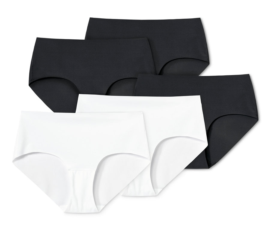 Fünf Magic-Cut-Pantys, zwei weiße und drei schwarze, auf weißem Hintergrund.