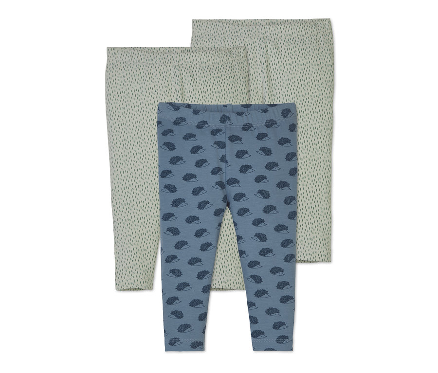 Drei Baumwoll-Leggings, davon zwei mit Muster und eine blaue Leggings mit Igel-Muster.