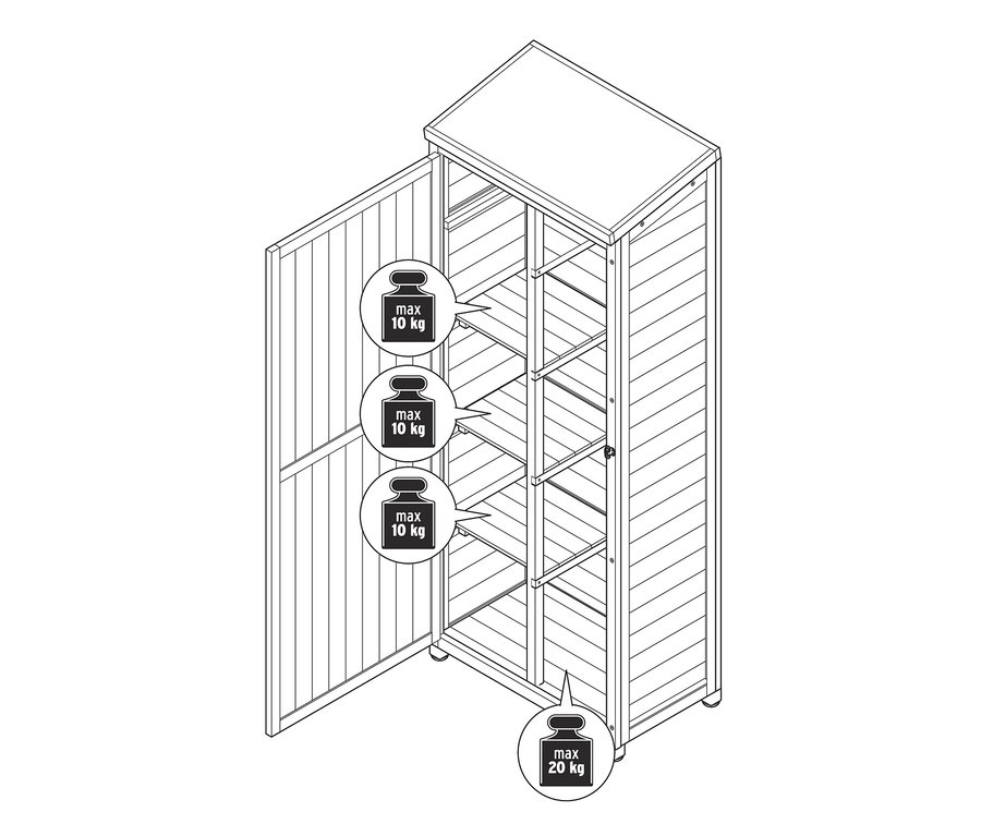 Skizze eines großen Gartenschranks mit offener Tür und Regalen mit einer maximalen Traglast von 10 kg pro Regal und 20 kg auf dem unteren Regal.