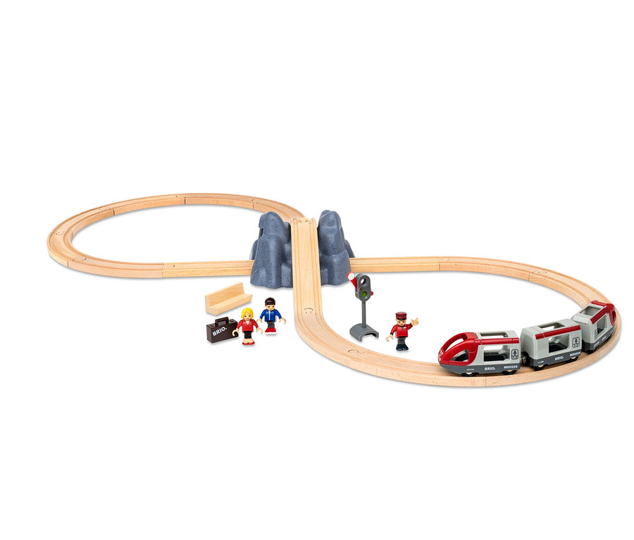 Holzeisenbahn mit Zug, Figuren und Zubehör. Zu sehen ist das BRIO® – Eisenbahn-Starter-Set A.