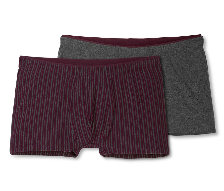 Zwei Slipboxer: eine weinrot gestreift mit grau, die andere grau.