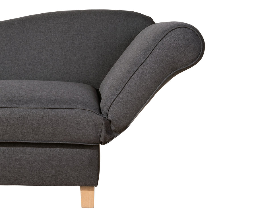 Detail einer grauen Recamiere »Saturn« mit Stauraum, rechts.